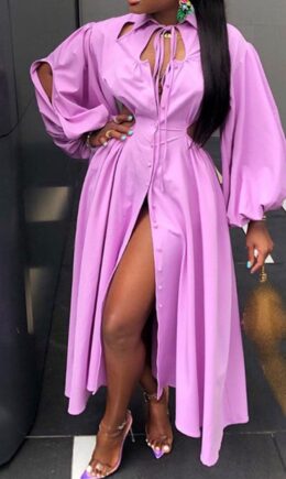 Casual Solid Hollowed Out Split Joint Frenulum Buckle Turndown Collar Shirt Dress Dresses