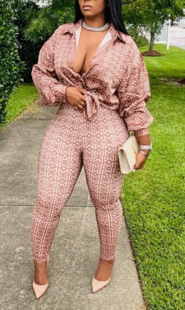 Casual Print Split Joint Turndown Collar Long Sleeve Two Pieces