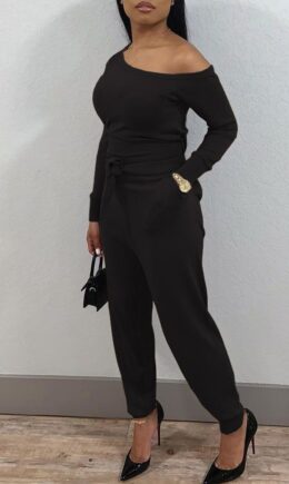 Casual Solid Split Joint Oblique Collar Regular Jumpsuits