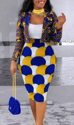 Casual Print Split Joint Long Sleeve Two Pieces