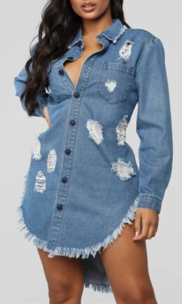 Fashion Casual Solid Ripped Turndown Collar Long Sleeve Regular Denim Dresses