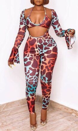 Fashion Sexy Print Hollowed Out V Neck Skinny Jumpsuits With Bra