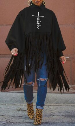 Fashion Casual Print Tassel Turtleneck Tops