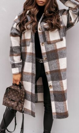 Casual Plaid Print Split Joint Buckle Turndown Collar Outerwear