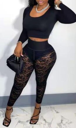 Sexy Solid Hollowed Out Split Joint See-through U Neck Long Sleeve Two Pieces