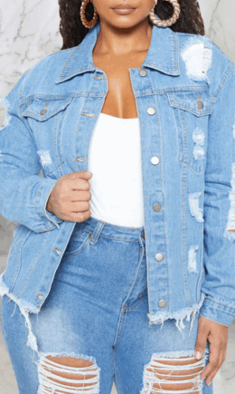 Casual Solid Ripped Long Sleeve Straight Denim Jacket