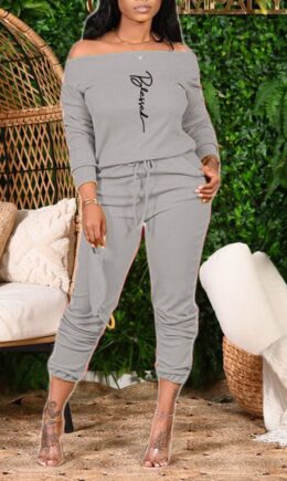 Casual Print Split Joint Off the Shoulder Long Sleeve Two Pieces