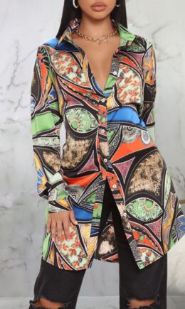 Casual Print Split Joint Buckle Turndown Collar Shirt Dress Dresses