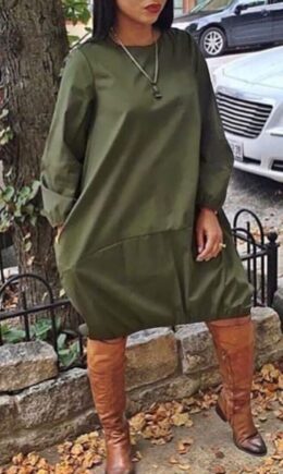 Casual Solid Split Joint O Neck Long Sleeve Dresses