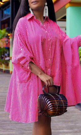 Fashion Casual Striped Print Asymmetrical Turndown Collar Shirt Dress