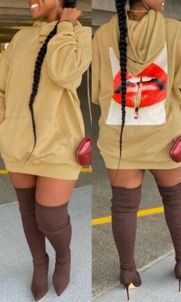 Fashion Casual Lips Printed Basic Hooded Collar Long Sleeve Dresses