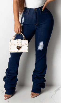 Casual Solid Ripped Mid Waist Boot Cut Denim Jeans