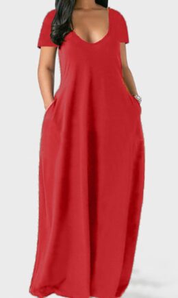 Casual Solid Split Joint Pocket V Neck Short Sleeve Dress Dresses