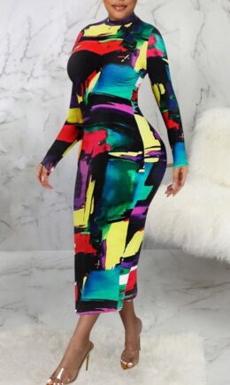 Sexy Print Split Joint O Neck One Step Skirt Dresses