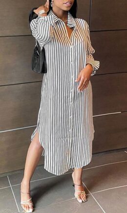Casual Striped Print Split Joint Buckle Turndown Collar Shirt Dress Dresses