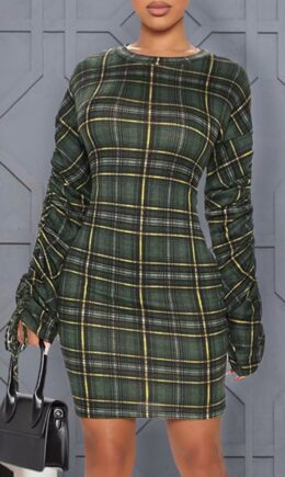 Olive Sexy Plaid Print Split Joint Frenulum Fold O Neck One Step Skirt Dresses