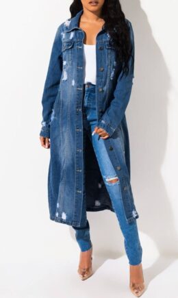 Fashion Casual Solid Ripped Turndown Collar Long Sleeve Regular Denim Jacket
