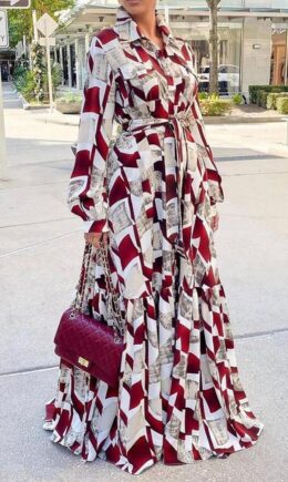 Casual Print Split Joint Buckle Turndown Collar Shirt Dress Dresses