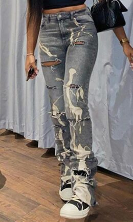 Fashion Casual Print Ripped High Waist Regular Denim Jeans