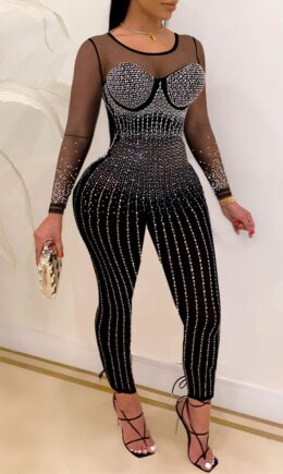 Fashion Sexy Patchwork Hot Drilling See-through O Neck Skinny Jumpsuits