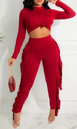 Fashion Casual Solid Tassel Split Joint O Neck Long Sleeve Two Pieces
