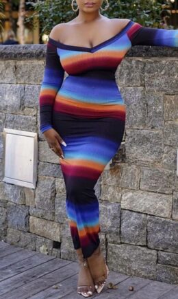 Fashion Casual Print Basic V Neck Long Sleeve Dresses