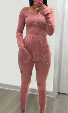 Casual Solid Split Joint Slit O Neck Long Sleeve Two Pieces