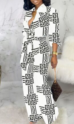 Casual Print Bandage Split Joint Buckle Turndown Collar Straight Jumpsuits