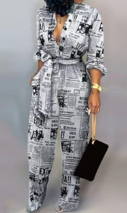 Casual Print Bandage Split Joint Buckle Turndown Collar Straight Jumpsuits