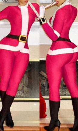 Fashion Casual Patchwork Basic Half A Turtleneck Skinny Jumpsuits (Have Christmas Hat)