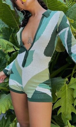 Fashion Casual Print Basic V Neck Long Sleeve Skinny Romper