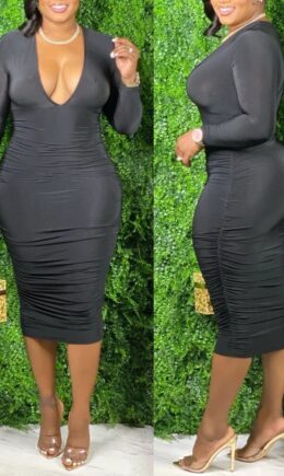 Sexy Solid Split Joint Fold V Neck Pencil Skirt Dresses