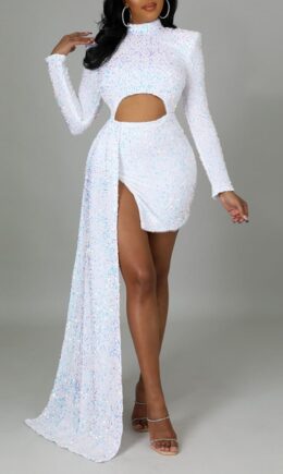 Sexy Elegant Solid Split Joint Asymmetrical Sequins O Neck Irregular Dress Dresses
