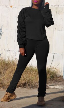 Casual Solid Split Joint Fold O Neck Long Sleeve Two Pieces