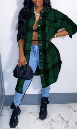Casual Plaid Print Split Joint Pocket Buckle Turndown Collar Outerwear
