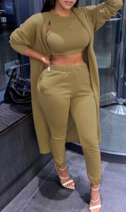 Fashion Casual Solid Cardigan Vests Pants O Neck Long Sleeve Three-piece Set