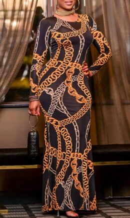 Fashion Sexy Print Hollowed Out O Neck Long Sleeve Dresses