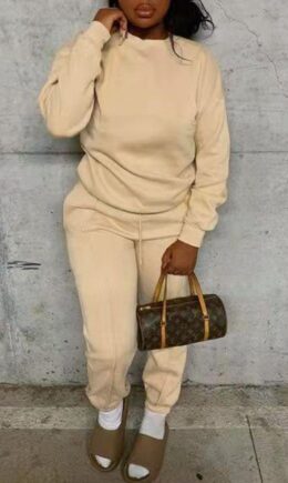 Casual Solid Split Joint O Neck Long Sleeve Two Pieces