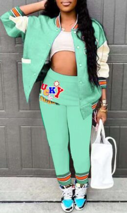 Casual Print Buckle Long Sleeve Two Pieces