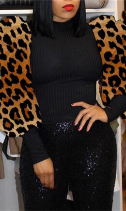 Fashion Casual Print Leopard Split Joint O Neck Tops