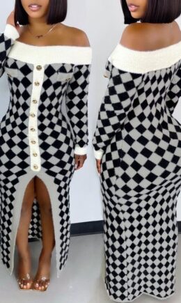 Casual Print Split Joint Buckle Off the Shoulder Straight Dresses