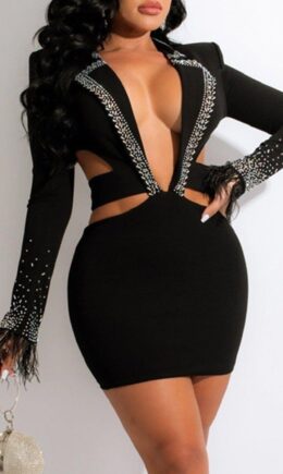 Fashion Sexy Patchwork Hot Drilling Hollowed Out V Neck Long Sleeve Dresses