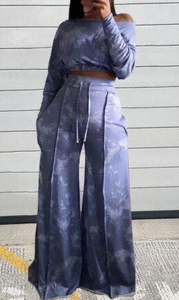 Casual Print Tie-dye Off the Shoulder Long Sleeve Two Pieces