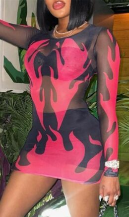 Fashion Sexy Print See-through O Neck Long Sleeve Dresses