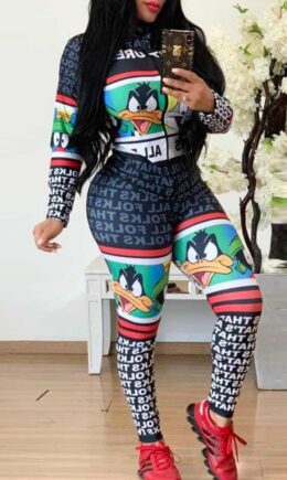 Fashion Casual Letter Cartoon Print Basic Zipper Collar Skinny Jumpsuits