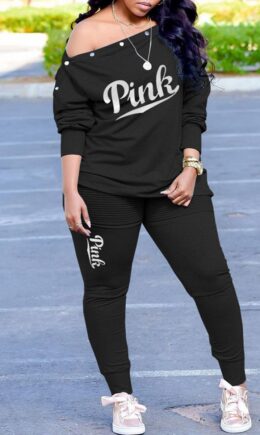 Fashion Casual Letter Print Basic Oblique Collar Long Sleeve Two Pieces