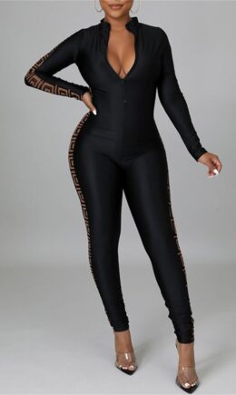 Fashion Casual Print Split Joint Zipper Collar Skinny Jumpsuits