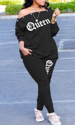 Fashion Casual Letter Print Basic Oblique Collar Long Sleeve Two Pieces