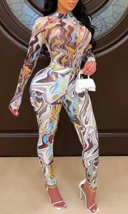 Sexy Print Split Joint O Neck Long Sleeve Two Pieces