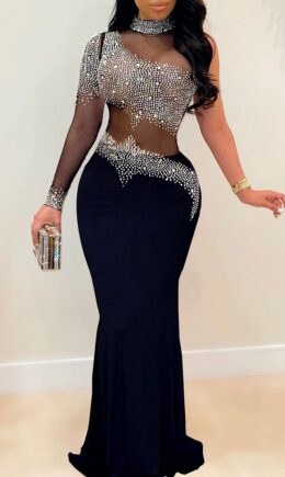 Fashion Sexy Patchwork Hot Drilling See-through Turtleneck Evening Dress